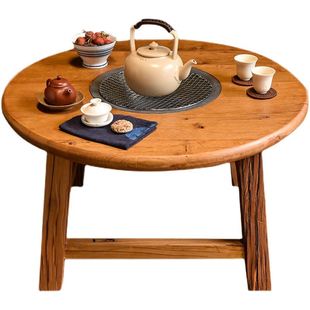 老榆木茶桌户外火锅圆桌子围炉烧烤桌煮茶泡茶桌全实木庭院茶台