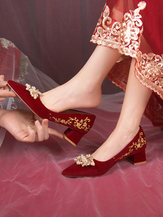 高端喜婆婆婚宴配旗袍鞋 粗跟妈妈高端红色高跟鞋 婚礼喜婆婆婚宴鞋