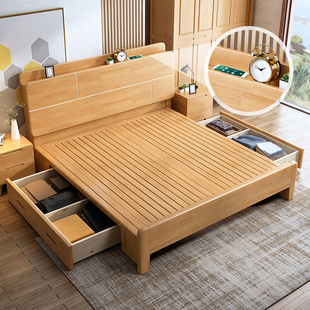 原木轻奢简约现代1.5米1.8双人储物床主次卧新款 全实木床北欧风格