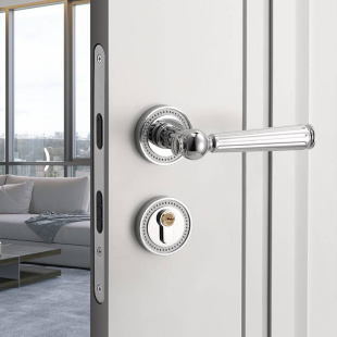 家用木门门把手分体磁吸静音银色轻奢室内房门锁 卧室房间门锁法式
