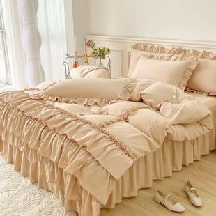 韩版 床上四件套床裙款 被罩床单公主风素色床罩 全棉纯棉复古花边式