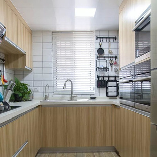 橱柜 上海厨房不锈钢橱柜定制灶台石英石台面整体厨柜原木风开放式