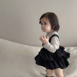 韩版 公主背带连衣包屁裙套装 百日宴周岁女宝婴儿衣服打底衫 春秋季