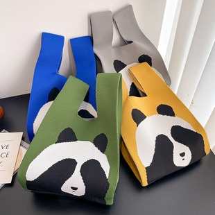 可爱熊猫针织手提包便捷卡通毛线女包夏季 韩版 百搭托特饭盒包 时尚