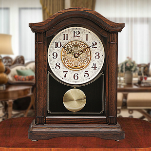 实木座钟客厅家用摆件欧式 大号复古台钟静音中式 钟表桌面 报时台式