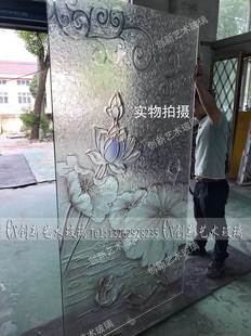 定制立体浮雕艺术玻璃隔断屏风客厅入户玄关背景双面透光钢化荷花