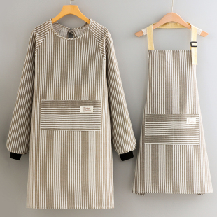 日式 棉麻厨房家用做饭简约男围裙长袖 防油污透气上班工作罩衣新款