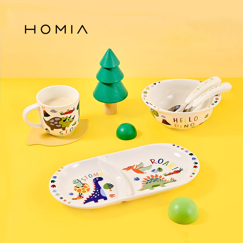 幼儿宝宝专用吃饭碗碟 HOMIA可爱恐龙卡通釉下彩陶瓷儿童餐具套装