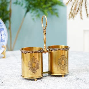 饰 黄铜提手双格收纳桶筷子筒花筒装 费灵家居印度进口手工工艺品