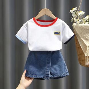 两件套 套装 韩版 儿童时髦一套衣服洋气女宝宝牛仔裙裤 短袖 女童夏装
