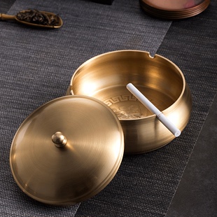 潮流家用客厅办公室烟缸 复古创意个性 聚宝盆烟灰缸带盖纯黄铜中式