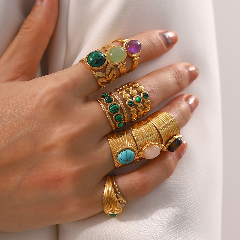 气质小众不规则宝石不掉色钛钢开口戒指女 复古设计师网红时尚 法式
