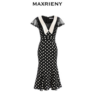 复古连衣裙女春季 长裙 波点短袖 奥莱 长裙修身 MAXRIENY法式