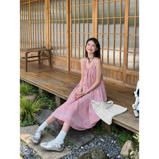 百搭显瘦吊带裙子女2023夏季 粉色彩格子连衣裙女时尚 新款 Zou