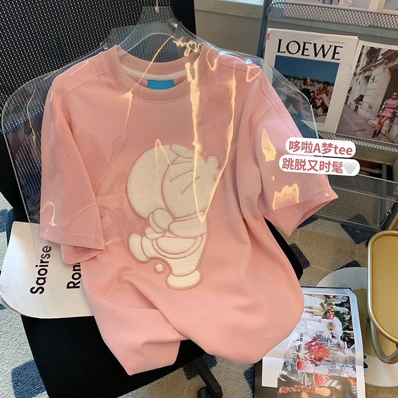 粉色植绒卡通100%纯棉短袖 ins潮设计感宽松半袖 新款 上衣 t恤女夏季