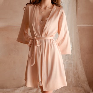 高级感家居服 法式 春秋睡衣女性感吊带睡裙睡袍两件套缎面蕾丝薄款