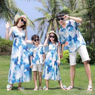 亲子装 一家三口母女装 连衣裙t恤 海边度假沙滩裙男女家庭儿童夏季