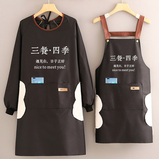 厨房围裙防水防油女2024新款 工作服带袖 黑色背带罩衣时尚 做饭长袖
