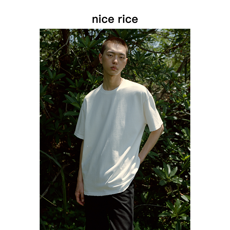 nice 商场同款 320G双纱磨破宽松全棉针织T恤 NDX02025 rice好饭