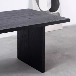现代极简实木黑色办公桌诧寂风原木洽谈桌长方形会议桌客厅工 新品