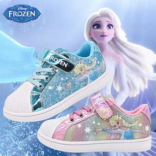 迪士尼女童鞋 爱莎公主儿童运动板鞋 子软底秋冬款 冰雪奇缘贝壳头鞋