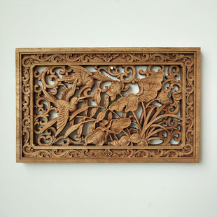 特价 东阳木雕挂件 仿古长方形福字香樟木工艺品隔断镂空实木 中式