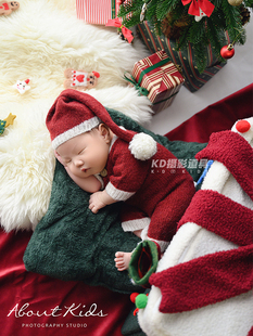 kd摄影道具满月宝宝拍照红色圣诞衣服新生儿婴儿影楼拍摄服装