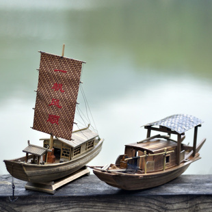 中式 明清古典水乡江南游船乌篷船 饰 手工木船实木制摆件 船模型装