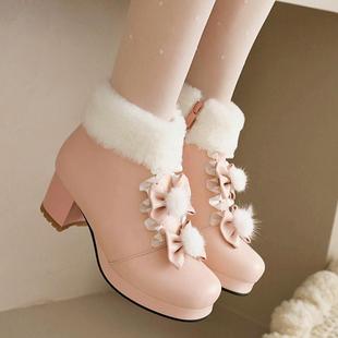 靴子粗跟原创Lolita短靴女中跟加厚雪地靴女洛丽塔公主棉鞋 秋冬季