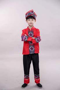 红色七月火把节舞蹈服幼儿竹竿舞表演服装 彝族演出服儿童民族服装