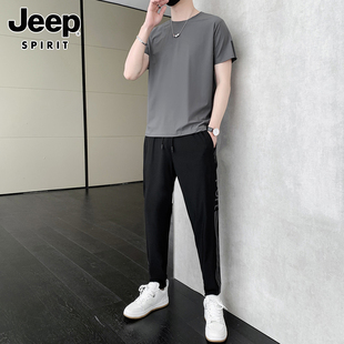 夏季 Jeep吉普短袖 冰丝一套男 薄款 套装 圆领t恤搭配宽松运动裤 男士