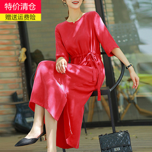 新款 高端气质重磅铜氨丝连衣裙女夏中袖 显瘦真丝长裙红色 收腰大码