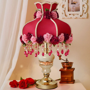 卧室婚房床头灯温馨红色布艺花朵浪漫婚庆结婚礼物长明灯台灯 欧式