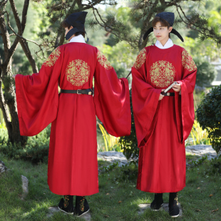 现货汉服男圆领袍唐制酒红色官服婚服成对金兽绣花复原中国风古风