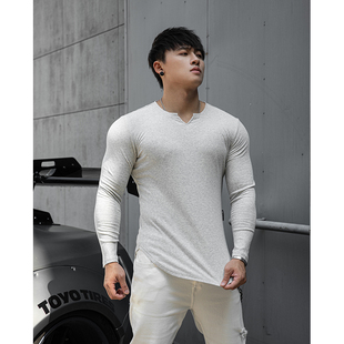 BLUESFLY运动T恤男士 训练健身衣服弹力速干长袖 白色紧身衣 打底衫