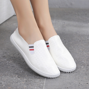 运动鞋 夏季 透气防滑一脚蹬女式 老北京新款 韩版 单鞋 皮面小白鞋