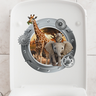 可移除墙贴纸浴室卫生间马桶贴画防水自粘动物大象长颈鹿水箱壁纸