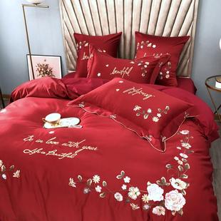 高档结婚床上用 全棉婚庆四件套纯棉大红色刺绣新B婚喜被床品欧式