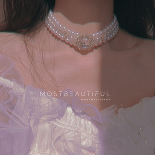 项链 超仙气复古公主宫廷风水晶镶钻珍珠锁骨链轻奢小众设计感短款