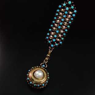 气质古董珠宝首饰 十九世纪初贵族高定绿松野珠挂件吊坠高端时尚