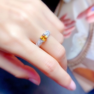 新款 5mm特惠 石方5 精工925银镶嵌开口戒指 天然黄水晶戒指