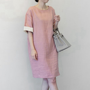 夏女连衣裙通勤 新简约宽松亚麻水粉色拼色中长短袖 小米家韩国女装
