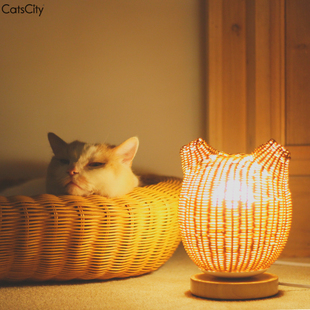 CatsCity原创设计手工藤编猫头室内小夜灯猫咪复古简约氛围灯具