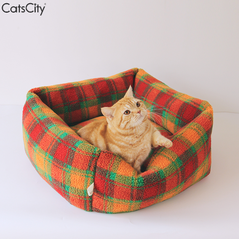 通用 CatsCity圣诞彩色羊羔绒格子猫窝可拆洗超大宠物布偶垫子四季
