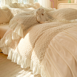 浪漫加厚牛奶绒床品床单珊瑚加绒被套 公主风兔毛绒床上四件套冬季