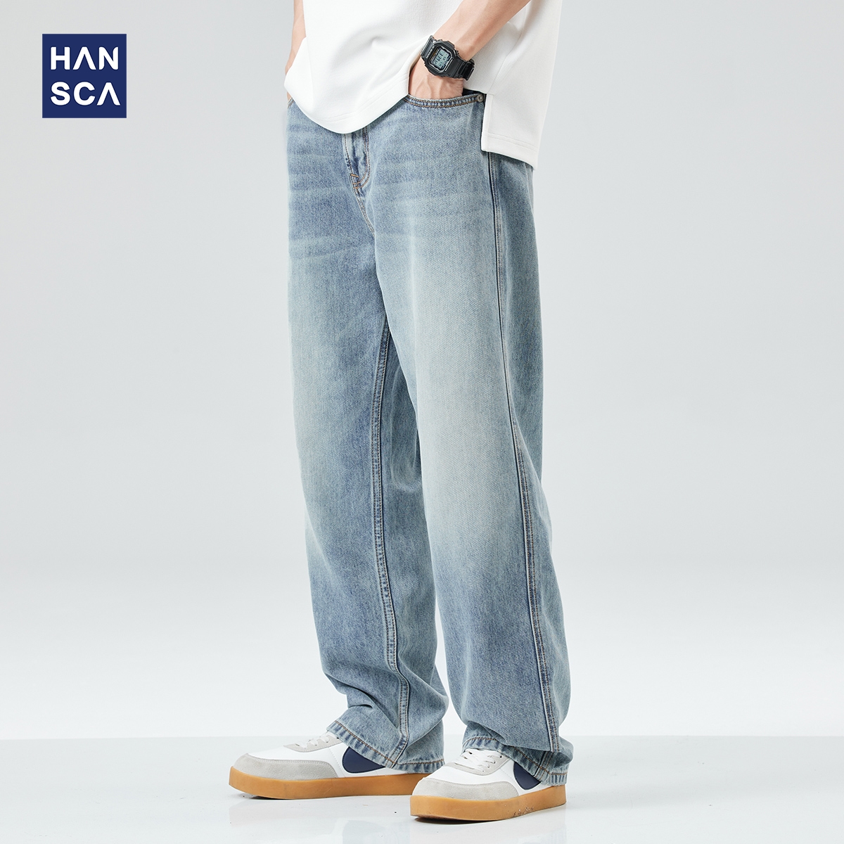 hansca莱赛尔天丝牛仔裤 直筒宽松垂感阔腿休闲长裤 薄款 男潮牌夏季