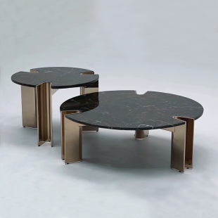 意式 轻奢大理石茶几现代设计师不锈钢客厅组合圆茶桌高端简约