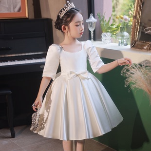 白色花童小女孩婚礼儿童主持人公主裙女童钢琴演奏礼服高端生日女