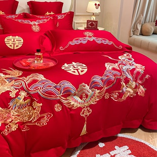 龙凤结婚四件套大红色床单床笠被套刺绣喜被婚庆床上用品 高档中式