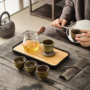 家用办公室会客懒人侧把茶壶带茶盘小套 粗陶功夫茶具茶杯套装 日式